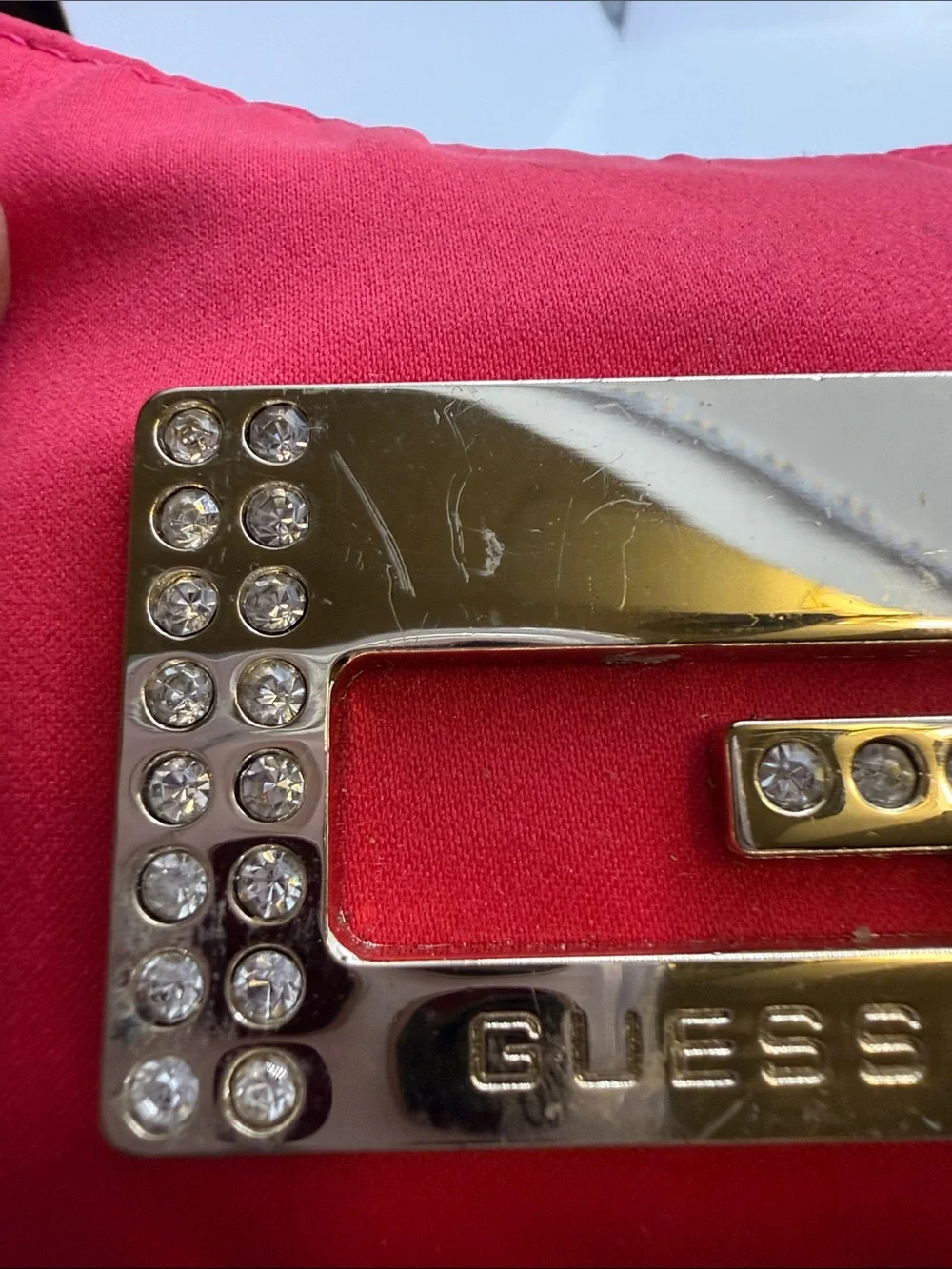 GUESS Red Satin Crystal G Logo Wristlet with Gold Hardware